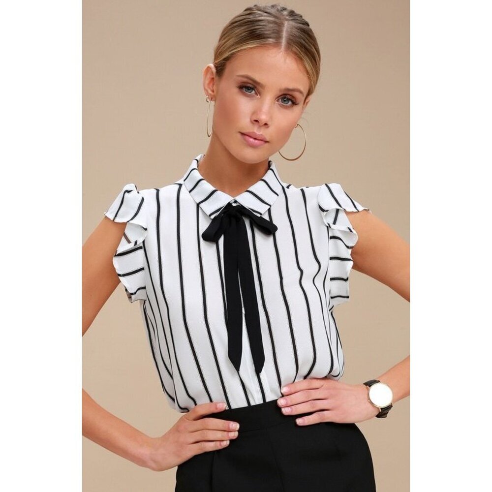 Lulus Burke Black And White Striped Tie-neck Top - Size S